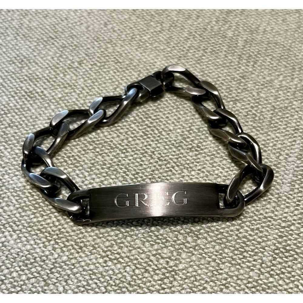 Speidel Mens ID Bracelet Greg Engraved Gunmetal Tone Curb Chain 8.25 Inch